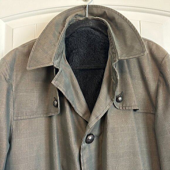 VINTAGE Brent brown black plaid trench coat 60s 70s retro outerwear jacket XXL - Picture 2 of 10